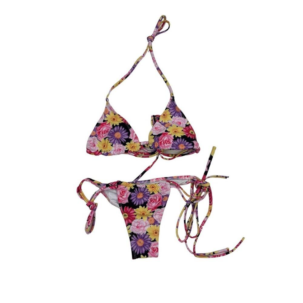 Floral Triangle Bikini Top & Bottoms in Pink Purple & Yellow
